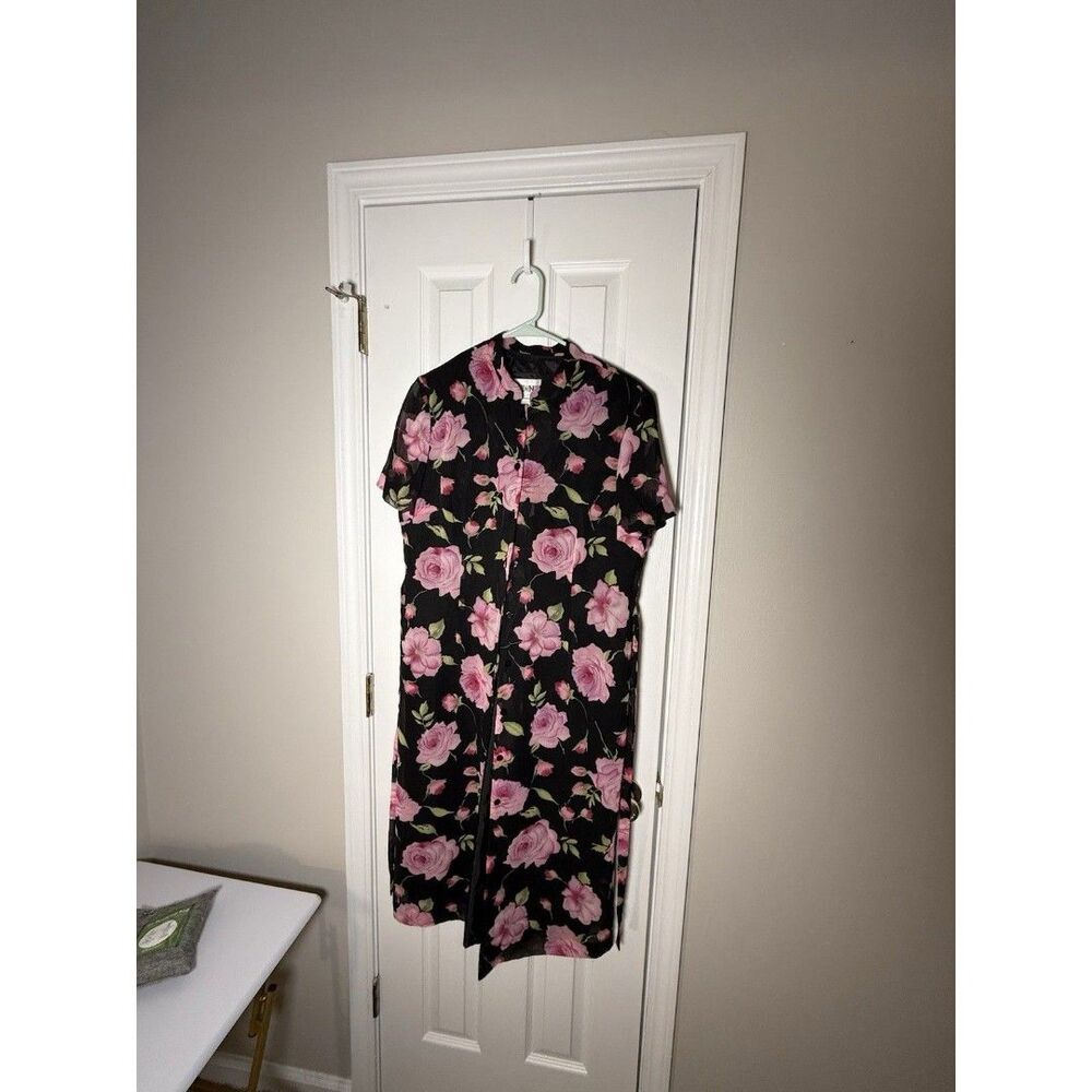 Vintage Periwinkle Cottagecore Floral Button Front Midi Dress Black Pink Size 14